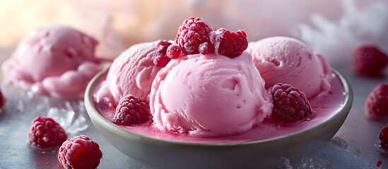 Raspberry ice cream dessert, gelato, sorbet. Sweet food. Pink icecream with berries.