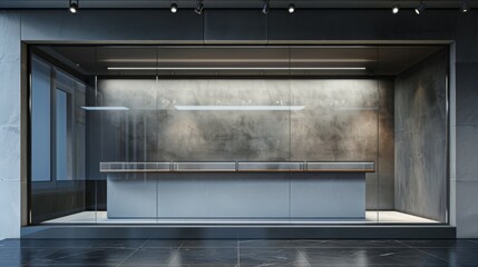 A large glass room with a counter and a window