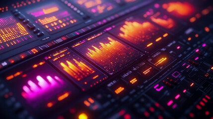 Obraz premium Colorful soundwaves and digital displays capture the essence of creative music production in a high-tech studio environment