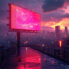 Cityscape at Dusk with a Giant Digital Billboard Reflecting Neon Lights in the Rain