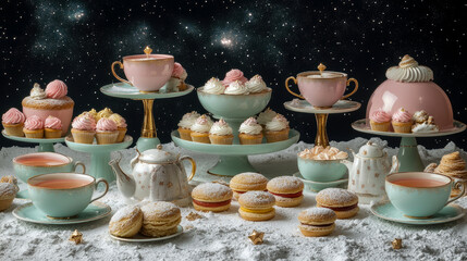 Fototapeta premium An elegant assortment of pastel-colored sweets and tea sets is arranged on delicate stands against a celestial backdrop, evoking a whimsical evening tea