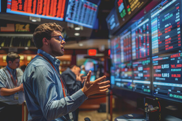Fototapeta premium A stock market analyst is presenting a report to a group of investors using a screen to analyze data