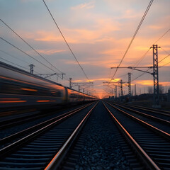 Fototapeta premium Transportation mode speeds on railroad tracks at sunset generative AI