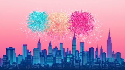 Fototapeta premium Vibrant Colorful Fireworks Display Over Iconic City Skyline at Dusk