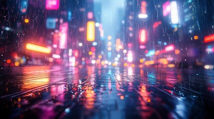 Rainy Night Cityscape with Blurry Lights Reflecting on Wet Pavement