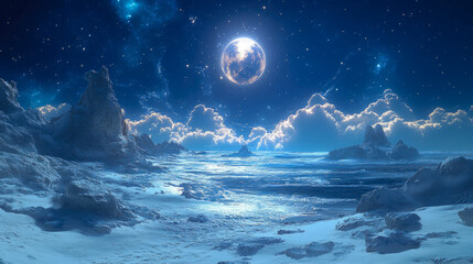 Fototapeta premium A stunning vista showcases a bright moon illuminating the serene ocean waters under a starry sky, with clouds softly reflecting the light