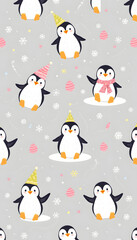 Fototapeta premium Birthday animals seamless penguin and snow pattern for wrapping paper and fabric, Dreamy