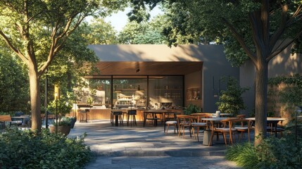 Naklejka premium Sunlit cafe patio with trees and seating.