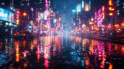 Neon Lights Reflecting on Wet Streets in a Futuristic City