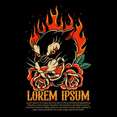 fire tiger traditional tattoo, panther tattoo, vintage tattoo design element typography