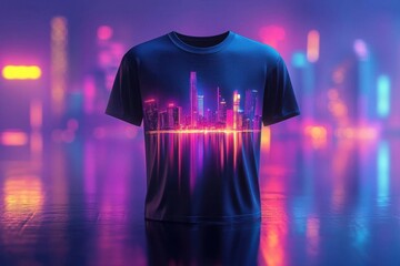 Cityscape T-Shirt Design: A Neon City Skyline Embroidered on a Dark T-Shirt, Illuminated Against a Purple and Pink Background