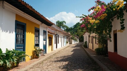 Colorful colonial street scene with cobblestone road, flowers, and traditional houses under sunny sky.