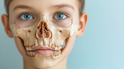 Fototapeta premium A young boy with blue eyes and a unique skull mask, blending a childlike innocence with a striking skeletal appearance against a soft blue background.