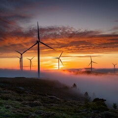 Obraz premium Wind turbines silhouetted against a vibrant sunset sky, generating sustainable energy