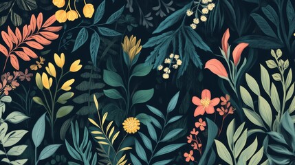 Vibrant Floral Pattern with Dark Background - Nature Art Print