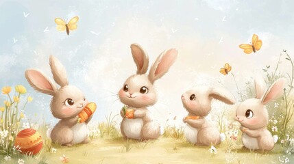 Obraz premium Cute Bunnies Enjoying Spring with Carrots and Easter Eggs
