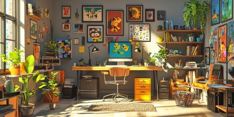 A cozy animation studio workspace featuring character models and vibrant artwork on the walls