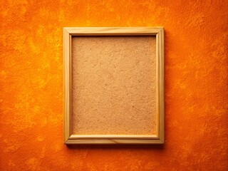Fototapeta premium Portrait Orientation Rectangular Corkboard with Wooden Frame for Picture Mockups or Lettering on a Vibrant Orange Textured Wall, Ideal for Creative Projects and Presentations