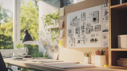 A creative workspace showcasing various architect designs pinned to a board for inspiration