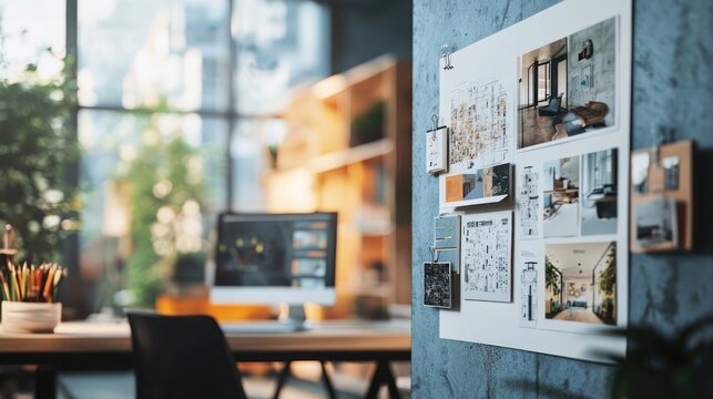 A creative workspace showcasing various architect designs pinned to a board for inspiration