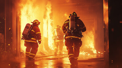 A dramatic depiction of firefighters responding to a fire, highlighting the role of smoke detectors in early detection and prevention