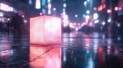 Neon Cityscape Glowing Cube Raining Night Abstract