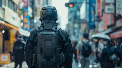 photograph of Close up of security guard's modern tech backpack in busy urban setting