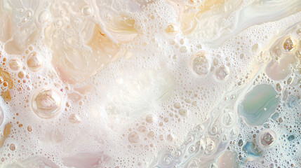 Fototapeta premium A textured abstract image of white soap foam, capturing the delicate layers and translucent qualities of the bubbles, set against a gentle pastel backdrop