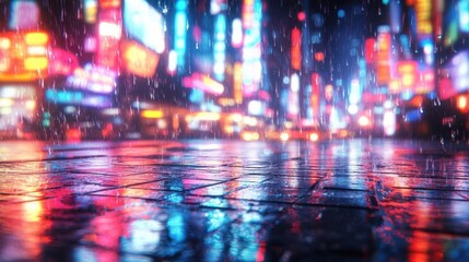 Rainy Night Cityscape with Neon Lights Reflecting on Wet Pavement