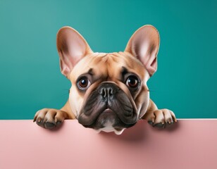 French Bulldog Peeking Over Pastel Pink Billboard with Teal Background, Cute and Funny Style