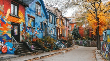 Naklejka premium Colorful houses on a street in autumn.