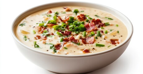 Potato Cream Soup with Bacon and Green Onion. AI generated illustration.