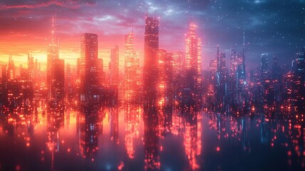 Neon Cityscape Reflecting in Still Water with Sunset Sky and Stars