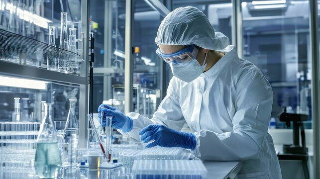 A diligent laboratory worker analyzing samples while wearing protective gear