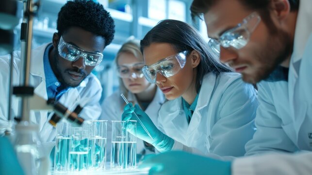 A diverse group of scientists collaborating on laboratory science projects