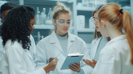 A diverse group of young scientists discussing their research findings in a laboratory