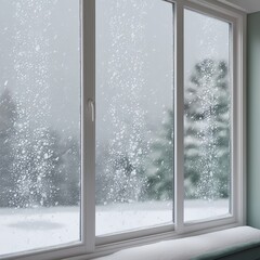 Naklejka premium see the snowfall from inside the house through the glass window