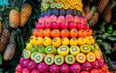 A tree made of vibrant tropical fruits like kiwi dragon fruit and pineapple slices stacked in a colorful display