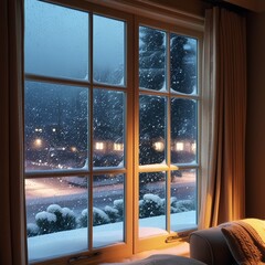 see the snowfall from inside the house through the glass window