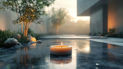A Single Candle Glows in the Peaceful Ambiance of a Tranquil Garden, with a Modern Building in the Background,  as the Sun Begins to Set.