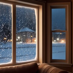 Fototapeta premium see the snowfall from inside the house through the glass window