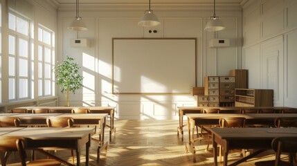photograph of Empty classroom with wooden desks large whiteboard school