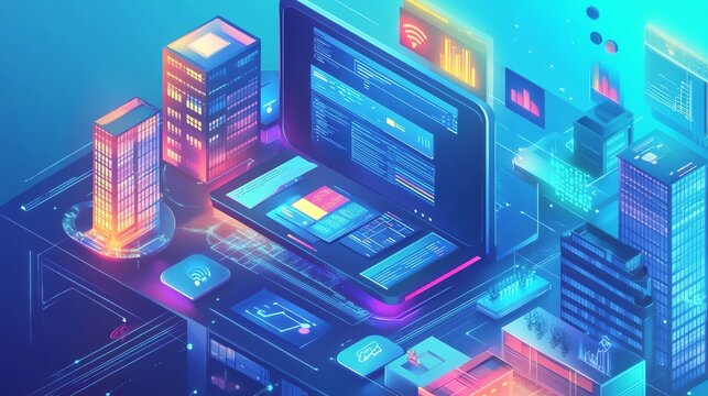 Futuristic digital city and data visualization