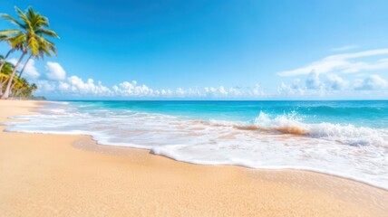 Fototapeta premium A serene beach scene with soft sand, gentle waves, and palm trees under a clear blue sky.