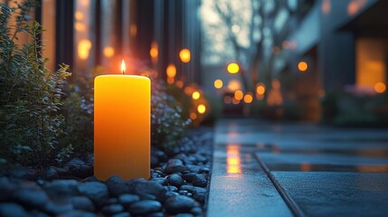 A Single Candle Glows in the Twilight, Illuminating the Pathway with Warm Light