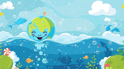 Naklejka premium cute cartoon earth character swimming in the ocean.