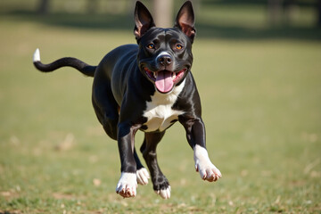 Black and white dog mid-leap outdoors playful look