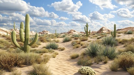 Fototapeta premium Sunny desert landscape with cacti and sand dunes under a partly cloudy sky.