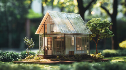 An artistic rendering of a mini house with transparent walls, showcasing various property insurance benefits during a hand house swap