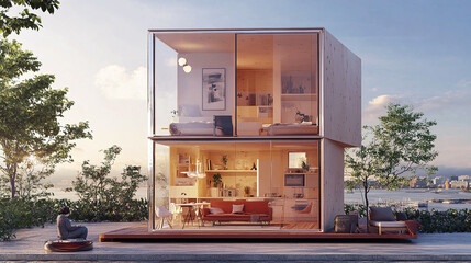 An artistic rendering of a mini house with transparent walls, showcasing various property insurance benefits during a hand house swap